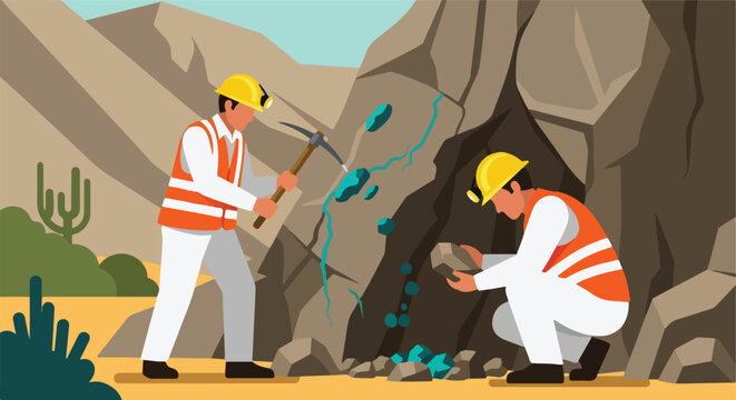 Two workers in safety gear use a pickaxe to mine for minerals in a rock canyon