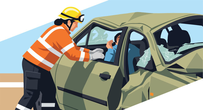 A firefighter in uniform helps a driver trapped inside a heavily damaged car