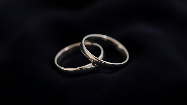 Two silver wedding bands overlapping on dark velvet fabric.