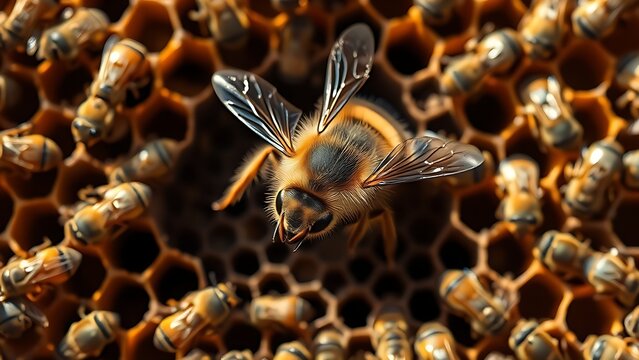 A queen bee surrounded by worker bees in a honeycomb during golden hour.