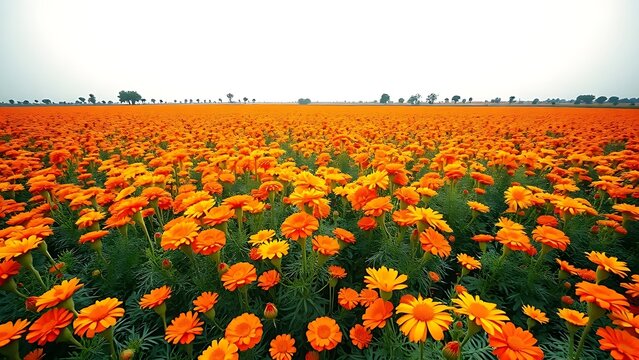 A vast field of marigold flowers in full bloom under a bright sky in Gujarat, India.