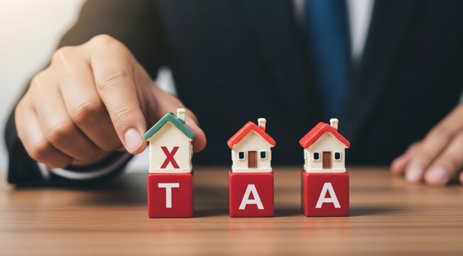 A close-up of a businessperson&rsquo;s hand placing a small miniature house model on top of a red block with the letter 'X', next to two other identical miniature houses on red blocks labeled 'T' and 'A', f