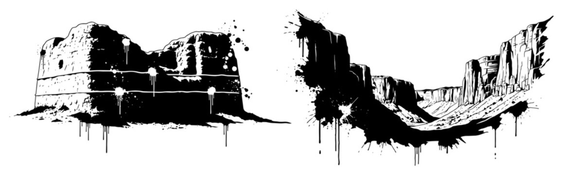 Desert canyon landscape and rocky plateau with paint drips in urban stencil style