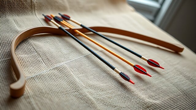 A longbow and three arrows arranged on burlap fabric.