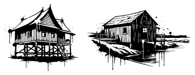Wooden stilt houses and traditional coastal huts in urban street art style © UrbanDruid