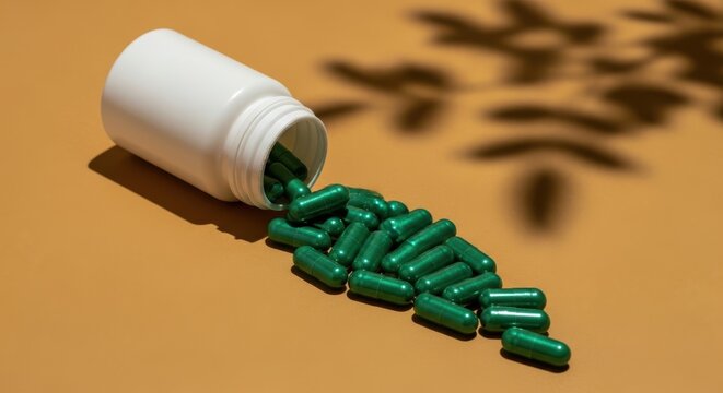 Green capsules spilled from a white bottle on a brown background with leaf shadows
