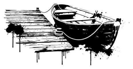 Rowboat tied to wooden dock in black and white street art style © UrbanDruid