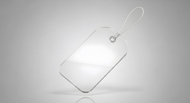 Transparent plastic tag with string, realistic mockup isolated on grey background with reflection.
