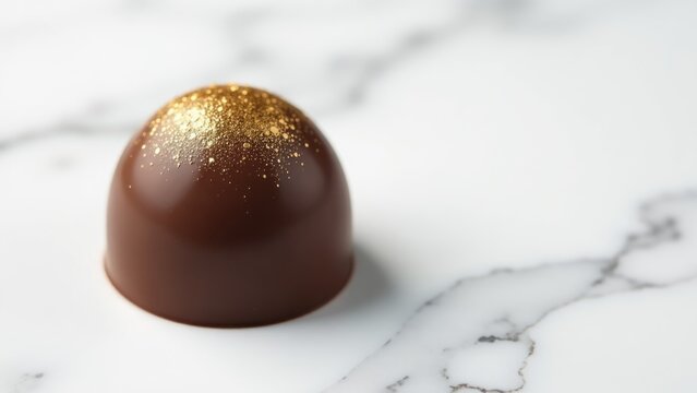 Chocolate coated with 24K gold sitting on a white marble surface, great for food or luxury photography