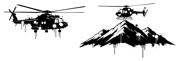 Helicopter flying over mountain peaks in urban street art style © UrbanDruid