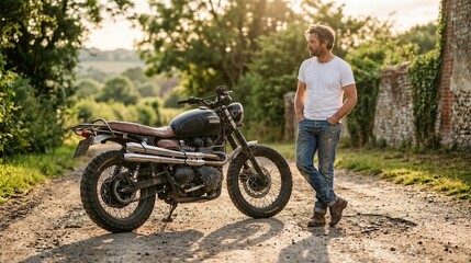 Fototapeta premium Man leaning on custom motorcycle on dirt road