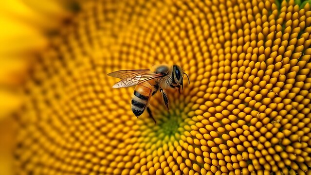 Close-up of honeybee wings hovering in a sunflower, morning light, soft background.