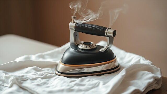 A vintage iron on a folded white shirt with rising steam in warm nostalgic light.