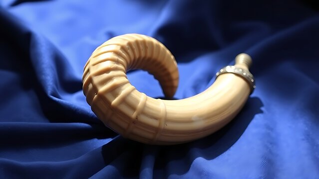 A ram's horn resting on deep blue velvet cloth with soft lighting.