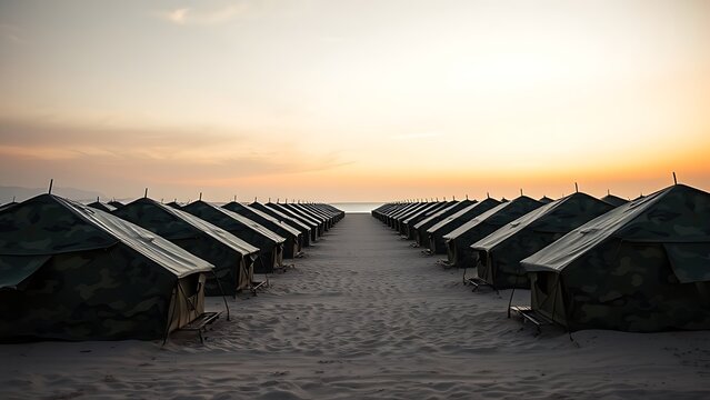 Camouflage tents in formation on a desolate beach at dawn.