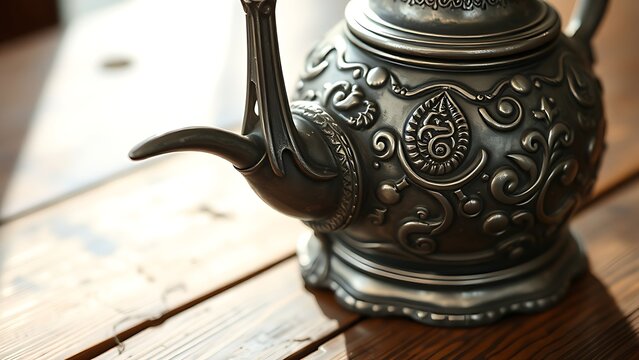 Ornate pewter flagon with long spout on rustic wooden table, engraved details.