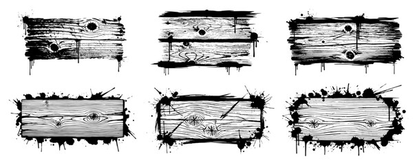 Wooden board signs collection with artistic ink splatters in urban street art style © UrbanDruid