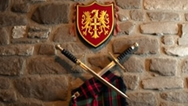 A sporran and crossed swords below a heraldic shield on a stone wall.