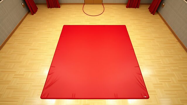 Red gymnastics mat with faint footprints and circular impression in an empty gym.