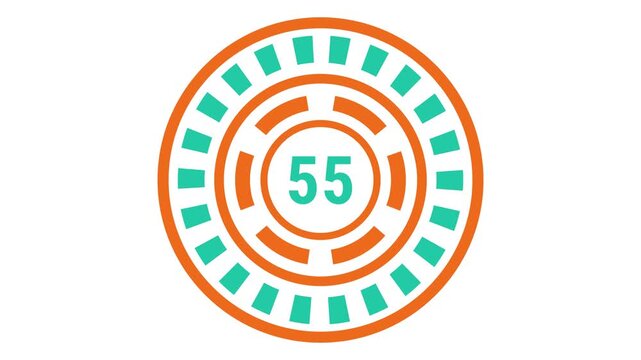 60-second gear-style countdown in teal and orange with blinking outer ring, rotating inner dash ring, and changing center number.