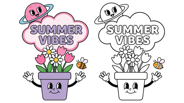 Retro summer vibes poster with groovy flower pot character planet and bee cartoon design.