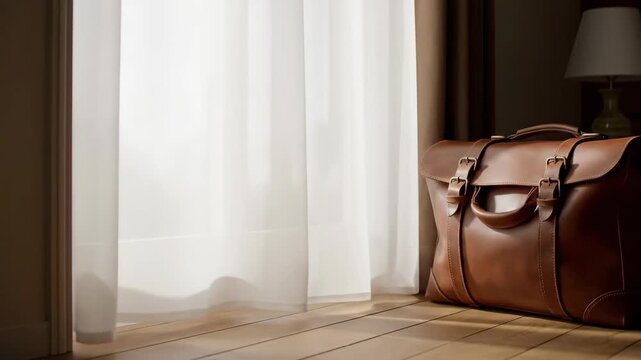 White sheer curtain blowing in wind near brown leather briefcase by sunlit window