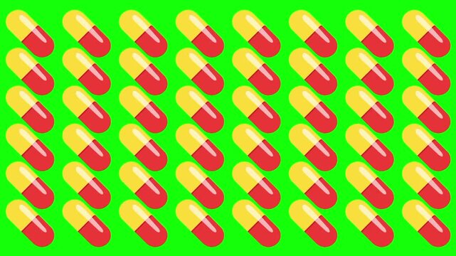Animated medication pills seamless pattern cartoon vector icon. pharmaceutical idea, pill, medicine symbol. Popup animation green screen background template