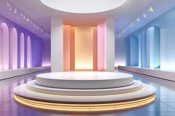 Naklejka premium Circular illuminated podium in a modern pastel showroom room for product display and presentation