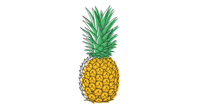 Creative illustration of a pineapple where one side is a detailed black ink sketch and the other is vibrant yellow and green color.