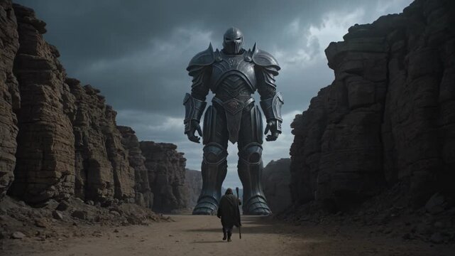 Giant Armored Knight Colossus Standing in a Rocky Desert Canyon Facing a Lone Hooded Traveler in an Epic Fantasy Landscape