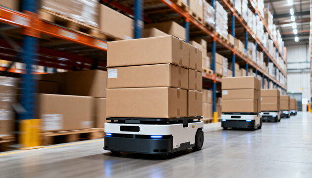 Autonomous robots efficiently transport stacked cardboard boxes through a modern, bustling warehouse aisle, indicating advanced logistics operations.