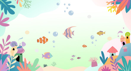 Fototapeta premium Colorful underwater vector illustration featuring tropical fish, sea plants, coral reefs, and whimsical marine houses. A playful and vibrant ocean scene designed for children’s themes