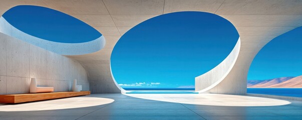 Obraz premium Modern concrete pavilion with circular openings framing ocean view and minimalist lounge seating