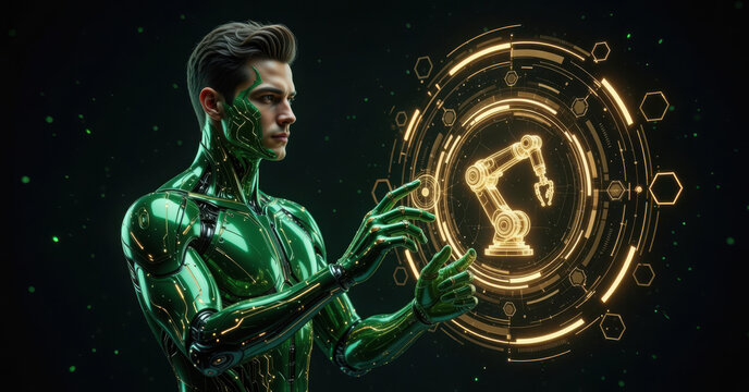 Cyborg man with green metallic skin interacting with a holographic robotic arm industrial interface