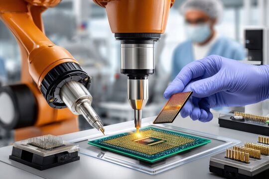 Close-up of industrial robot arm soldering a microprocessor on a circuit board in a lab