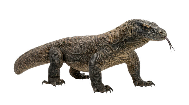 Komodo dragon on white background showing long forked tongue extending in alert pose