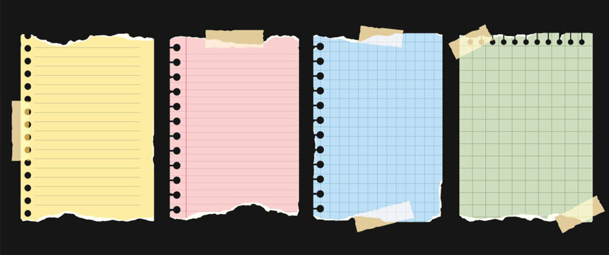 Flat Ripped Pastel Note Paper Set Torn Notebook Sheets Colorful Lined and Grid Pages with Tape Isolated Cute Scrap Elements
