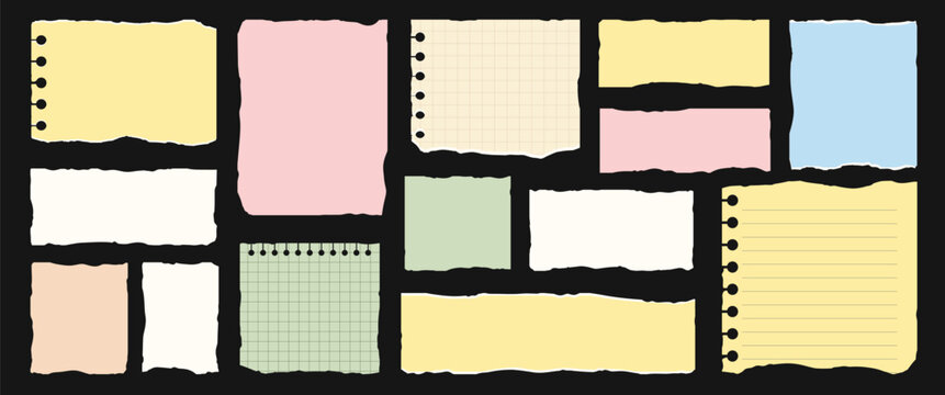 Isolated Pastel Ripped and Torn Paper Bundle Flat Style Scrapbook Elements Set with Lined Grid and Blank Pieces for Creative Design