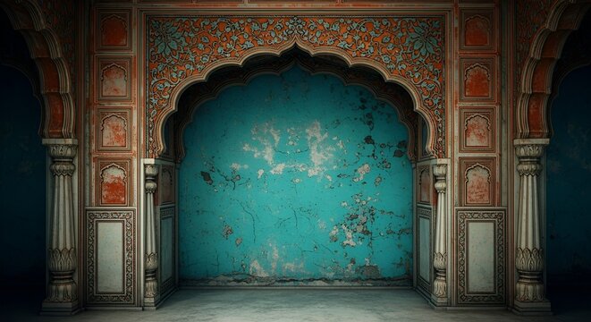 Ornate Archway with Peeling Turquoise Wall, Architectural Detail, Copy Space