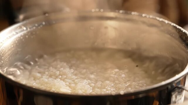 Close up of white rice grains simmering in a stainless steel pot on the stove with thick steam rising and bubbling water surface during the process of cooking food
