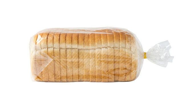 Sliced white bread in clear plastic packaging on white background