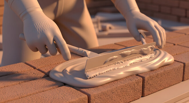 A skilled artisan meticulously applies mortar to a brick in a close-up shot, highlighting the craft and construction, the scene is an ode to precision and building expertise.