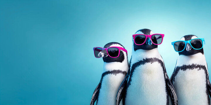 Three penguins wearing colorful sunglasses stand side by side on a turquoise background, looking directly at the camera like a cheerful and friendly group.