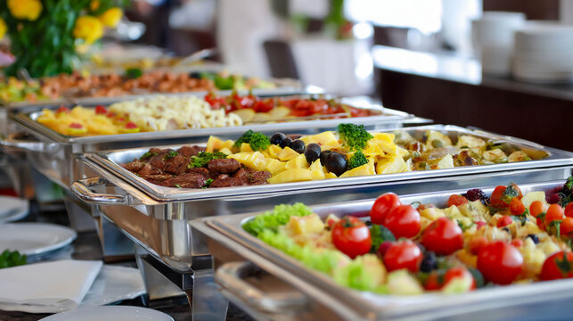 A buffet with a variety of hot dishes in stainless marmite molds: meat, vegetables, pasta, and side dishes decorated with herbs and fresh tomatoes, catering and buffet concepts.