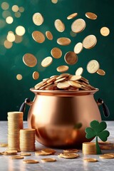 Fototapeta premium Pot of gold overflowing with coins and shamrock for St. Patrick's Day celebration and luck
