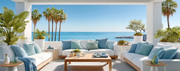 Obraz premium Relaxing outdoor white terrace lounge with sofas overlooking the ocean and palm trees at sunrise