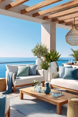 Obraz premium Relaxing coastal terrace with white sofas, wooden coffee table, cushions and ocean view