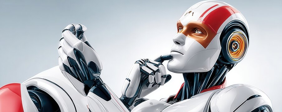 Futuristic robot thinking pose with hand on chin, artificial intelligence and technological design