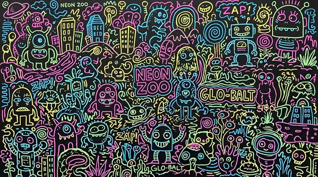 Neon zoo doodle creatures on black wall.