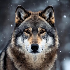 Fototapeta premium This wolf's face is very commanding its gray brown fur is thick and textured, and its sharp eyes stare straight ahead, as if ready.